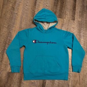 Champion Youth Hoodie Medium Teal Purple Logo Pullover Sweatshirt Kids Fleece